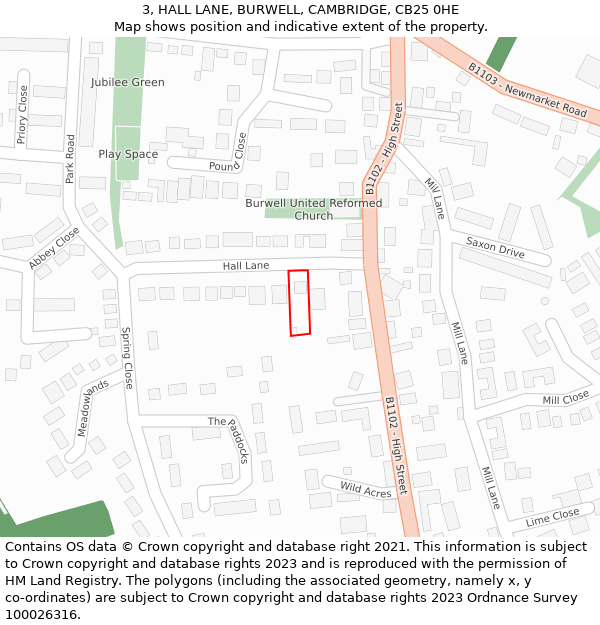 3, HALL LANE, BURWELL, CAMBRIDGE, CB25 0HE: Location map and indicative extent of plot