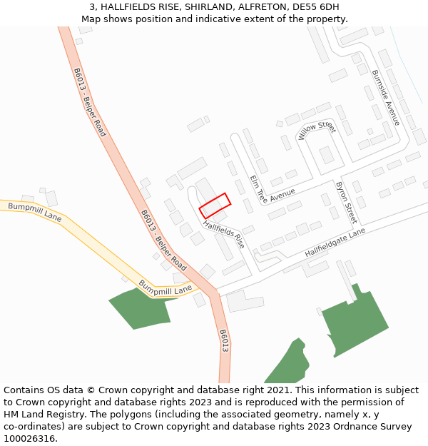 3, HALLFIELDS RISE, SHIRLAND, ALFRETON, DE55 6DH: Location map and indicative extent of plot