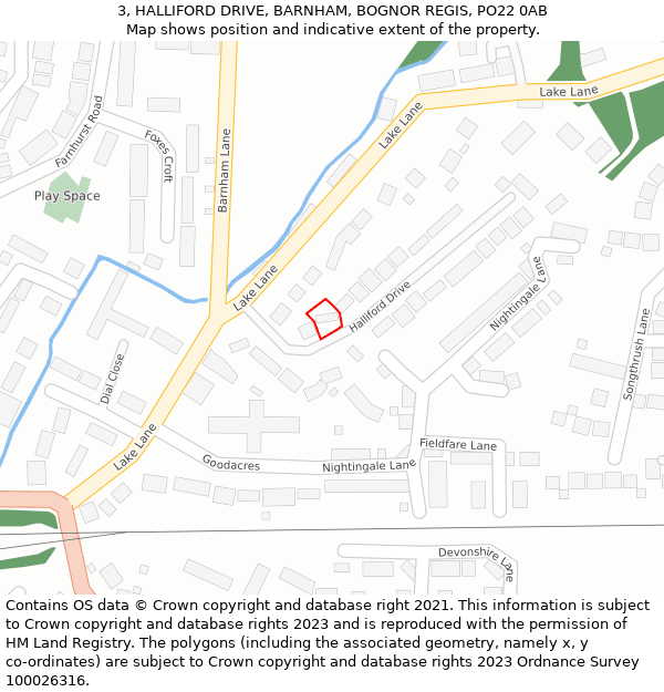 3, HALLIFORD DRIVE, BARNHAM, BOGNOR REGIS, PO22 0AB: Location map and indicative extent of plot