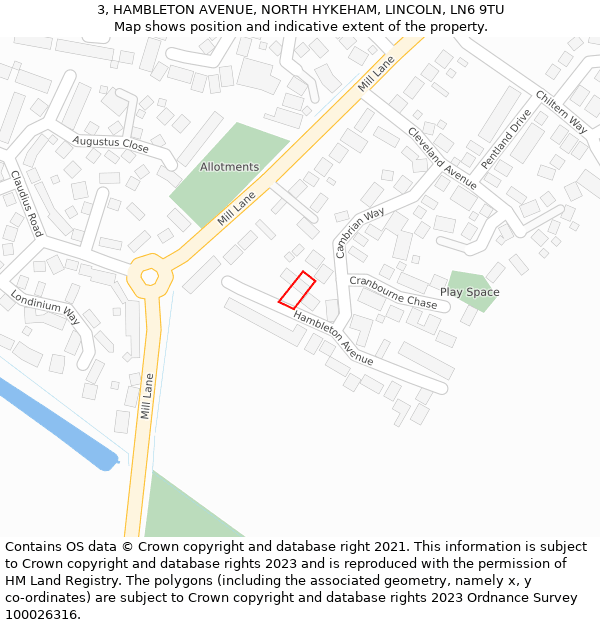 3, HAMBLETON AVENUE, NORTH HYKEHAM, LINCOLN, LN6 9TU: Location map and indicative extent of plot