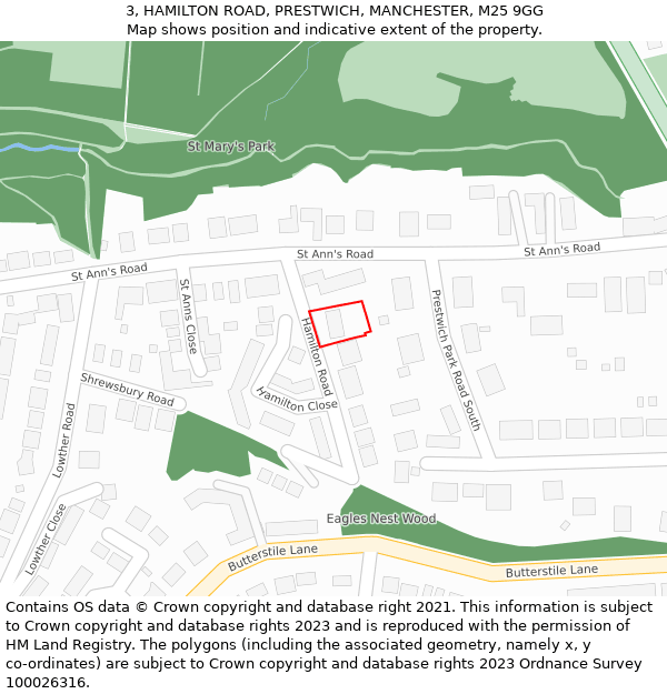 3, HAMILTON ROAD, PRESTWICH, MANCHESTER, M25 9GG: Location map and indicative extent of plot