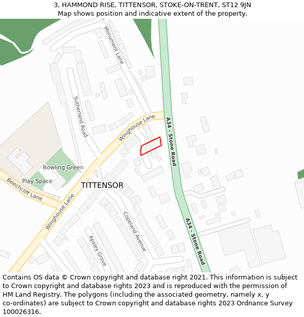 3, HAMMOND RISE, TITTENSOR, STOKE-ON-TRENT, ST12 9JN: Location map and indicative extent of plot