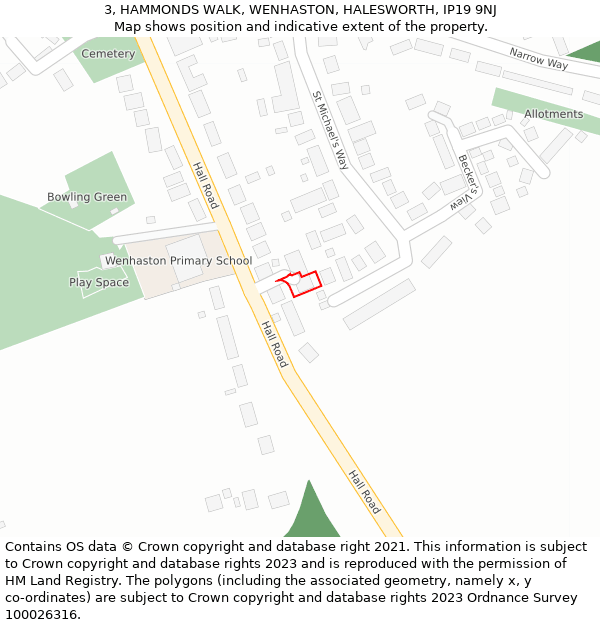 3, HAMMONDS WALK, WENHASTON, HALESWORTH, IP19 9NJ: Location map and indicative extent of plot