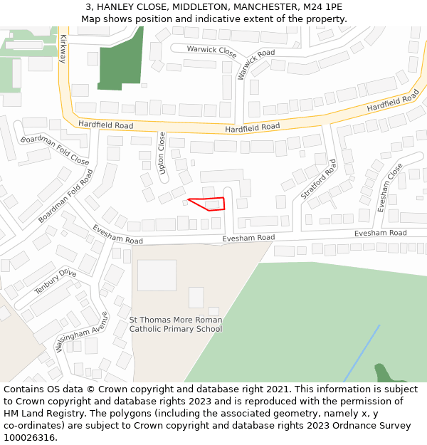 3, HANLEY CLOSE, MIDDLETON, MANCHESTER, M24 1PE: Location map and indicative extent of plot