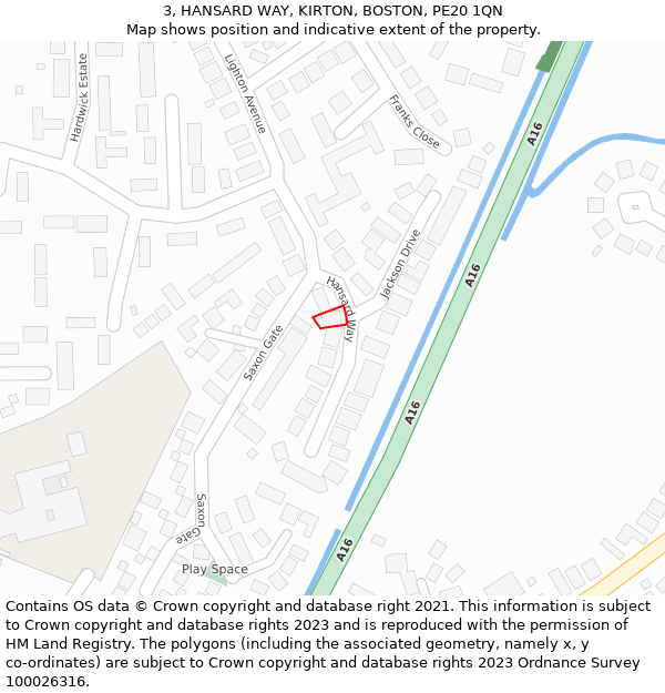 3, HANSARD WAY, KIRTON, BOSTON, PE20 1QN: Location map and indicative extent of plot