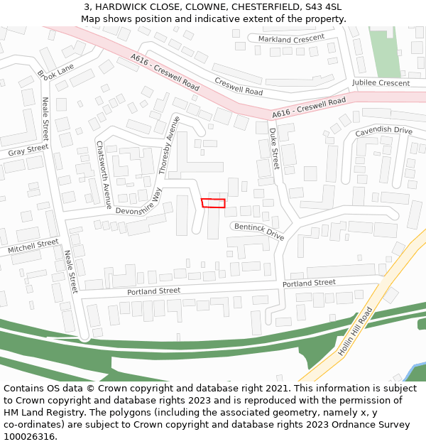 3, HARDWICK CLOSE, CLOWNE, CHESTERFIELD, S43 4SL: Location map and indicative extent of plot