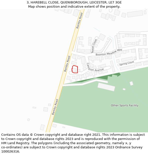 3, HAREBELL CLOSE, QUENIBOROUGH, LEICESTER, LE7 3GE: Location map and indicative extent of plot