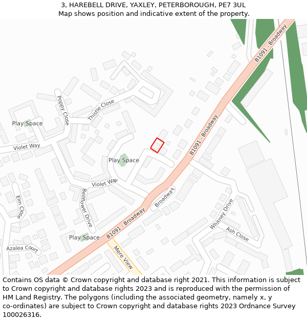 3, HAREBELL DRIVE, YAXLEY, PETERBOROUGH, PE7 3UL: Location map and indicative extent of plot