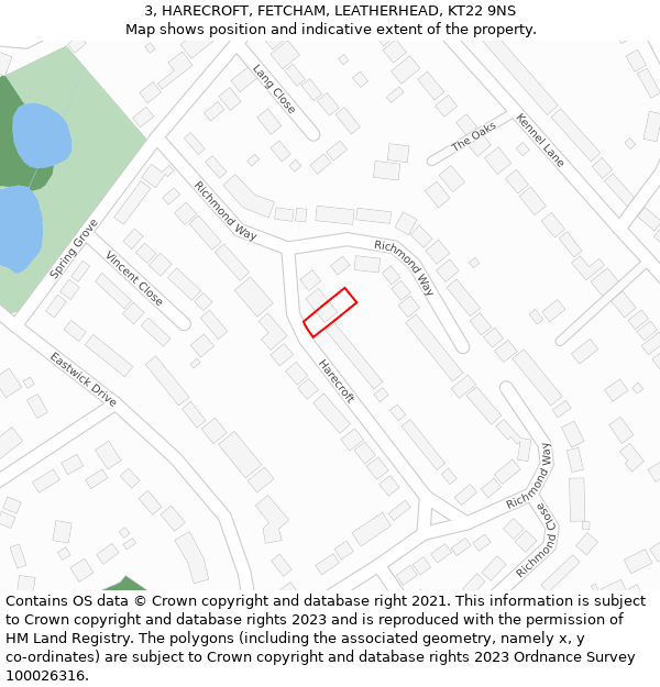 3, HARECROFT, FETCHAM, LEATHERHEAD, KT22 9NS: Location map and indicative extent of plot