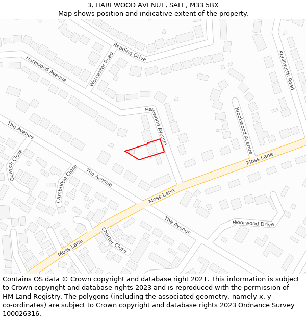 3, HAREWOOD AVENUE, SALE, M33 5BX: Location map and indicative extent of plot