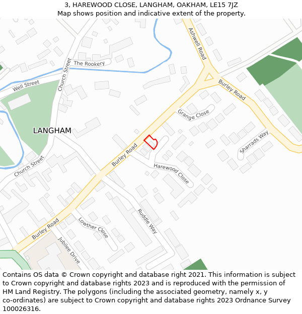 3, HAREWOOD CLOSE, LANGHAM, OAKHAM, LE15 7JZ: Location map and indicative extent of plot