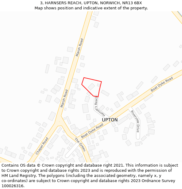 3, HARNSERS REACH, UPTON, NORWICH, NR13 6BX: Location map and indicative extent of plot