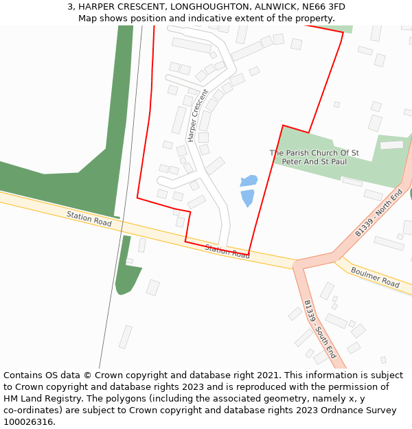 3, HARPER CRESCENT, LONGHOUGHTON, ALNWICK, NE66 3FD: Location map and indicative extent of plot