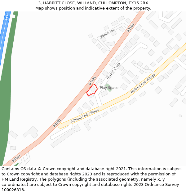 3, HARPITT CLOSE, WILLAND, CULLOMPTON, EX15 2RX: Location map and indicative extent of plot