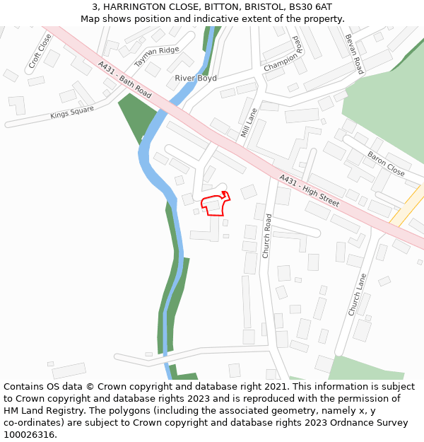 3, HARRINGTON CLOSE, BITTON, BRISTOL, BS30 6AT: Location map and indicative extent of plot