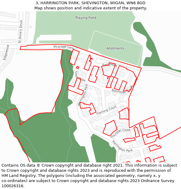 3, HARRINGTON PARK, SHEVINGTON, WIGAN, WN6 8GD: Location map and indicative extent of plot