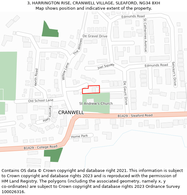 3, HARRINGTON RISE, CRANWELL VILLAGE, SLEAFORD, NG34 8XH: Location map and indicative extent of plot