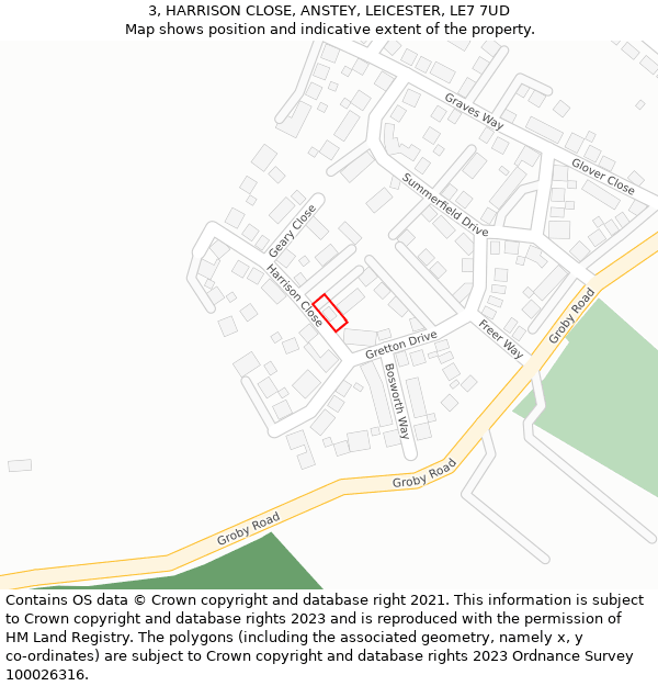 3, HARRISON CLOSE, ANSTEY, LEICESTER, LE7 7UD: Location map and indicative extent of plot