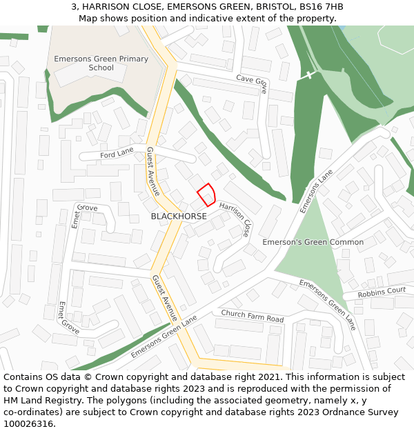 3, HARRISON CLOSE, EMERSONS GREEN, BRISTOL, BS16 7HB: Location map and indicative extent of plot