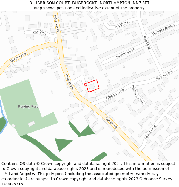 3, HARRISON COURT, BUGBROOKE, NORTHAMPTON, NN7 3ET: Location map and indicative extent of plot
