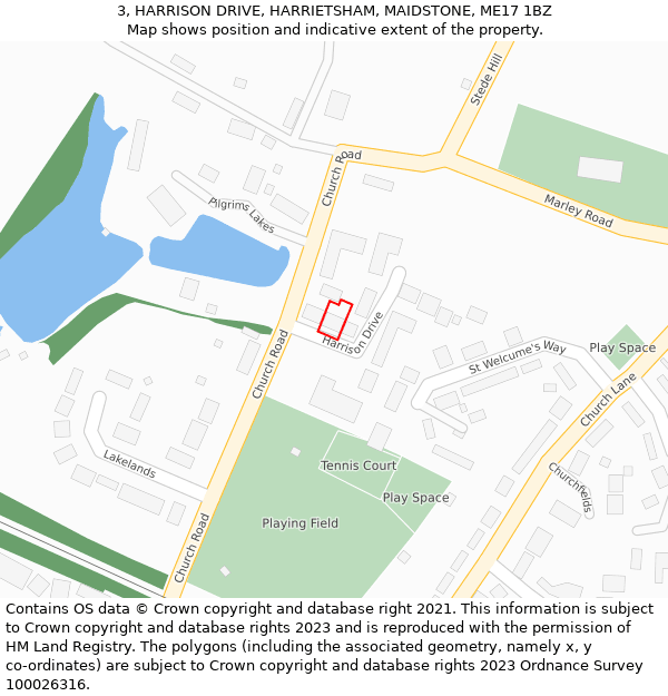 3, HARRISON DRIVE, HARRIETSHAM, MAIDSTONE, ME17 1BZ: Location map and indicative extent of plot