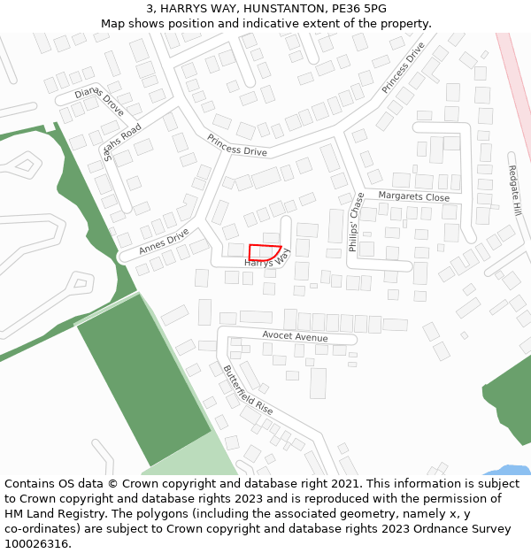 3, HARRYS WAY, HUNSTANTON, PE36 5PG: Location map and indicative extent of plot