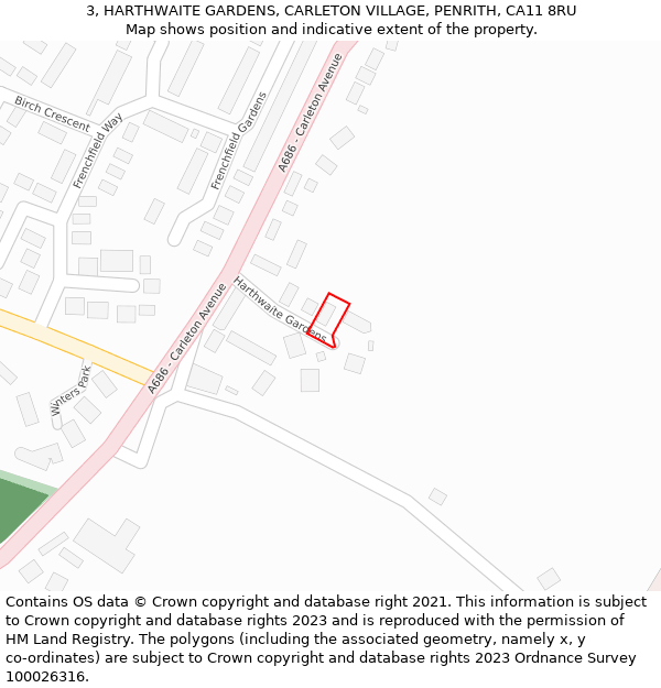 3, HARTHWAITE GARDENS, CARLETON VILLAGE, PENRITH, CA11 8RU: Location map and indicative extent of plot