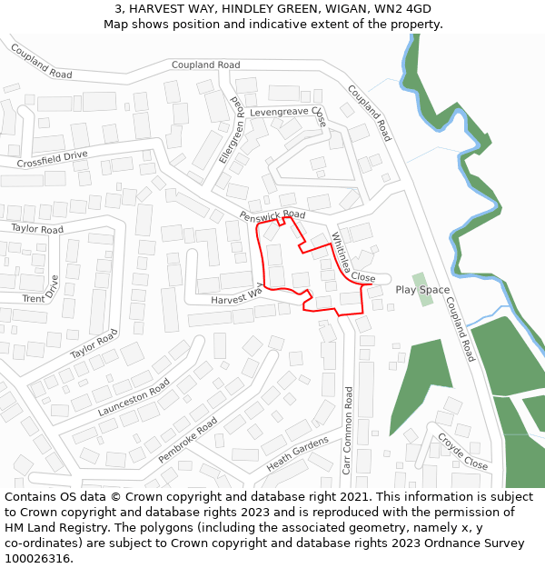 3, HARVEST WAY, HINDLEY GREEN, WIGAN, WN2 4GD: Location map and indicative extent of plot