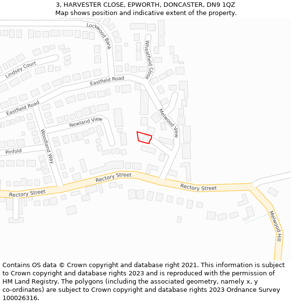 3, HARVESTER CLOSE, EPWORTH, DONCASTER, DN9 1QZ: Location map and indicative extent of plot