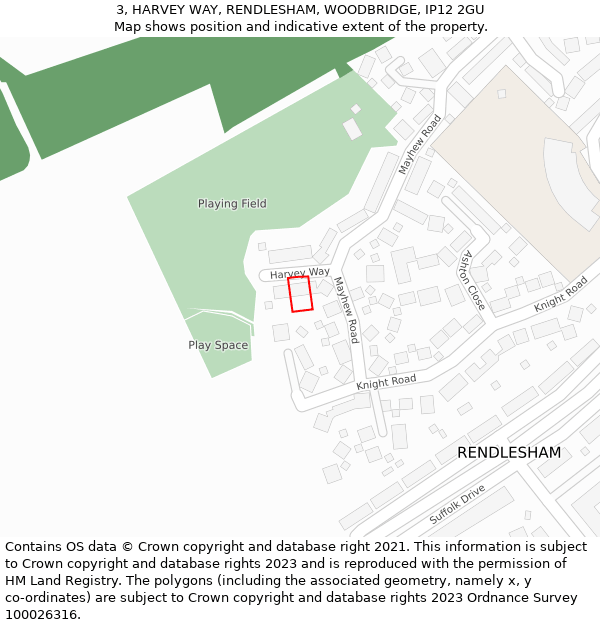 3, HARVEY WAY, RENDLESHAM, WOODBRIDGE, IP12 2GU: Location map and indicative extent of plot