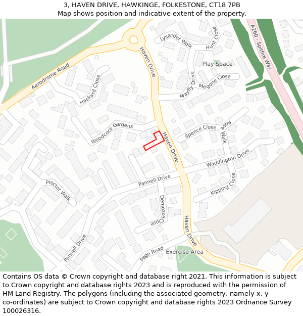 3, HAVEN DRIVE, HAWKINGE, FOLKESTONE, CT18 7PB: Location map and indicative extent of plot