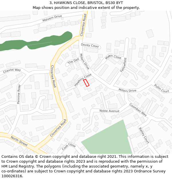 3, HAWKINS CLOSE, BRISTOL, BS30 8YT: Location map and indicative extent of plot