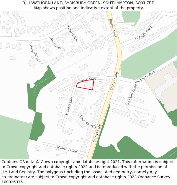 3, HAWTHORN LANE, SARISBURY GREEN, SOUTHAMPTON, SO31 7BD: Location map and indicative extent of plot