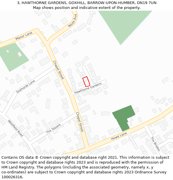 3, HAWTHORNE GARDENS, GOXHILL, BARROW-UPON-HUMBER, DN19 7UN: Location map and indicative extent of plot