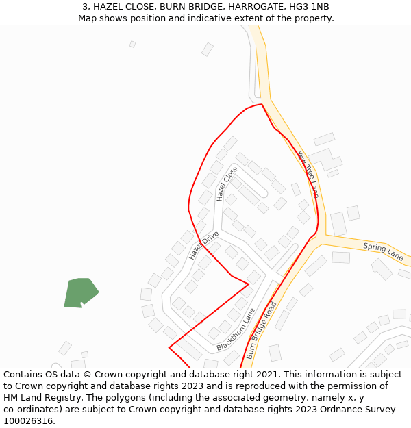 3, HAZEL CLOSE, BURN BRIDGE, HARROGATE, HG3 1NB: Location map and indicative extent of plot