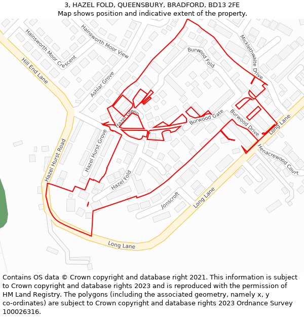 3, HAZEL FOLD, QUEENSBURY, BRADFORD, BD13 2FE: Location map and indicative extent of plot