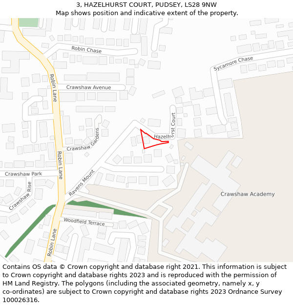 3, HAZELHURST COURT, PUDSEY, LS28 9NW: Location map and indicative extent of plot