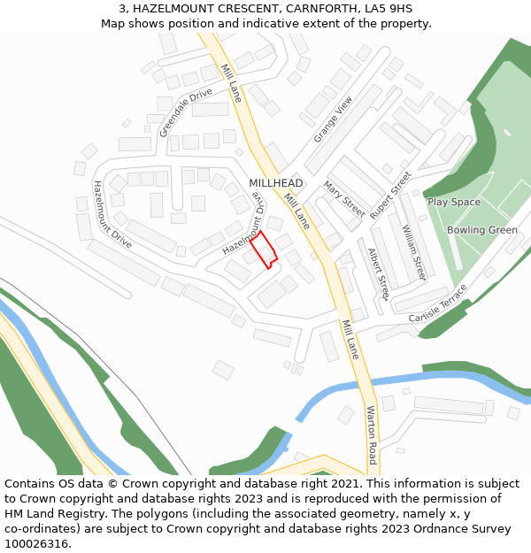 3, HAZELMOUNT CRESCENT, CARNFORTH, LA5 9HS: Location map and indicative extent of plot