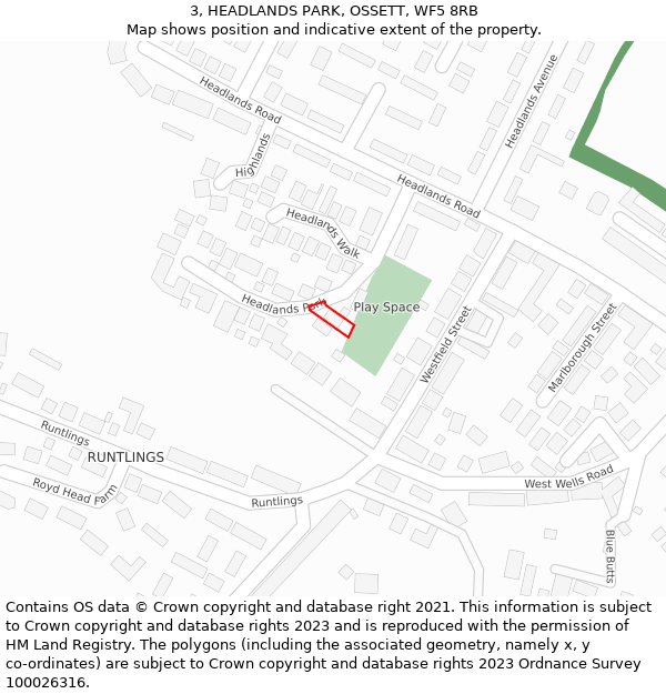 3, HEADLANDS PARK, OSSETT, WF5 8RB: Location map and indicative extent of plot