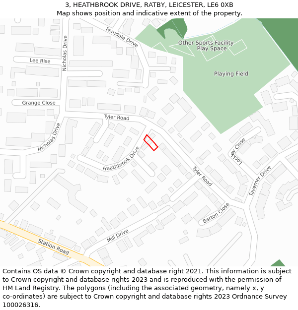 3, HEATHBROOK DRIVE, RATBY, LEICESTER, LE6 0XB: Location map and indicative extent of plot