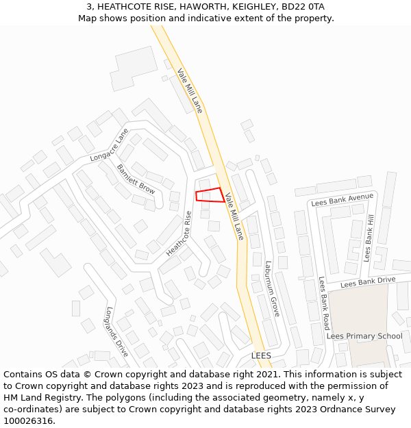 3, HEATHCOTE RISE, HAWORTH, KEIGHLEY, BD22 0TA: Location map and indicative extent of plot