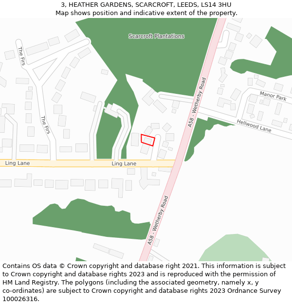 3, HEATHER GARDENS, SCARCROFT, LEEDS, LS14 3HU: Location map and indicative extent of plot