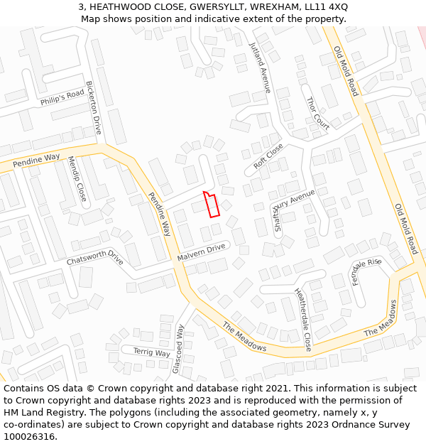 3, HEATHWOOD CLOSE, GWERSYLLT, WREXHAM, LL11 4XQ: Location map and indicative extent of plot