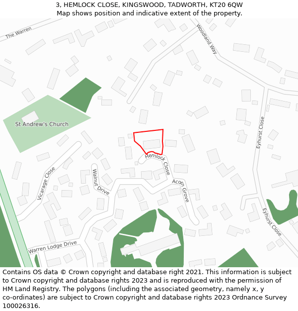 3, HEMLOCK CLOSE, KINGSWOOD, TADWORTH, KT20 6QW: Location map and indicative extent of plot