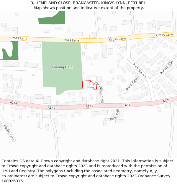 3, HEMPLAND CLOSE, BRANCASTER, KING'S LYNN, PE31 8BH: Location map and indicative extent of plot