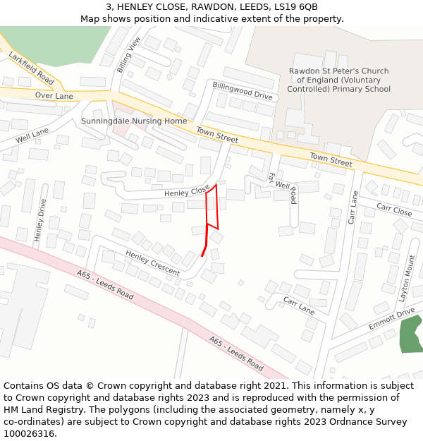 3, HENLEY CLOSE, RAWDON, LEEDS, LS19 6QB: Location map and indicative extent of plot