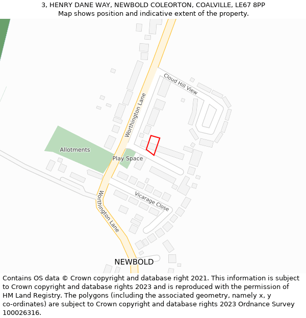 3, HENRY DANE WAY, NEWBOLD COLEORTON, COALVILLE, LE67 8PP: Location map and indicative extent of plot