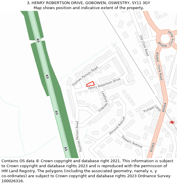3, HENRY ROBERTSON DRIVE, GOBOWEN, OSWESTRY, SY11 3GY: Location map and indicative extent of plot