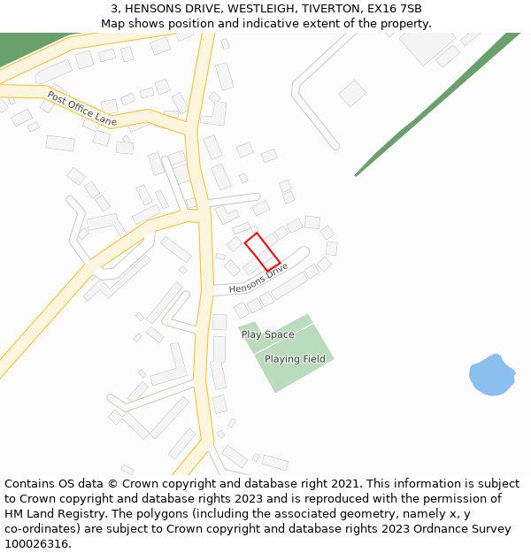 3, HENSONS DRIVE, WESTLEIGH, TIVERTON, EX16 7SB: Location map and indicative extent of plot