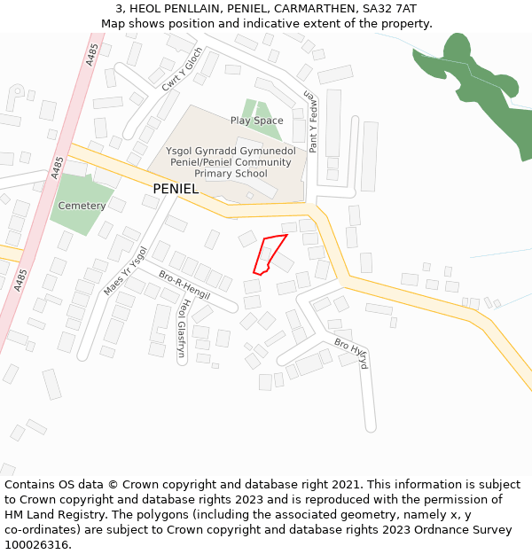 3, HEOL PENLLAIN, PENIEL, CARMARTHEN, SA32 7AT: Location map and indicative extent of plot